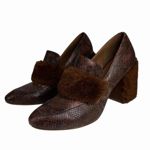 BCBGMAXAZRIA Lambo Furry Loafers Leather Heels Womens Sz 9 Brown Snakeskin - Picture 10 of 12